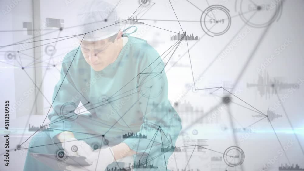 Animation of network of connections over caucasian male surgeon using tablet Animation of network of connections over caucasian male surgeon using tablet