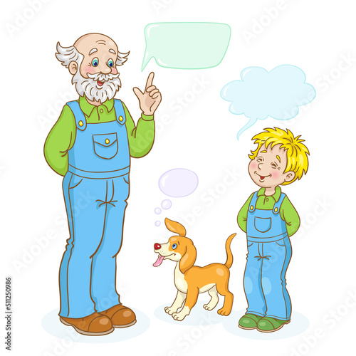 Grandfather, little dog and grandson have a fun talking. Dialog with speech bubbles. In cartoon style. Isolated on white background. Vector illustration.