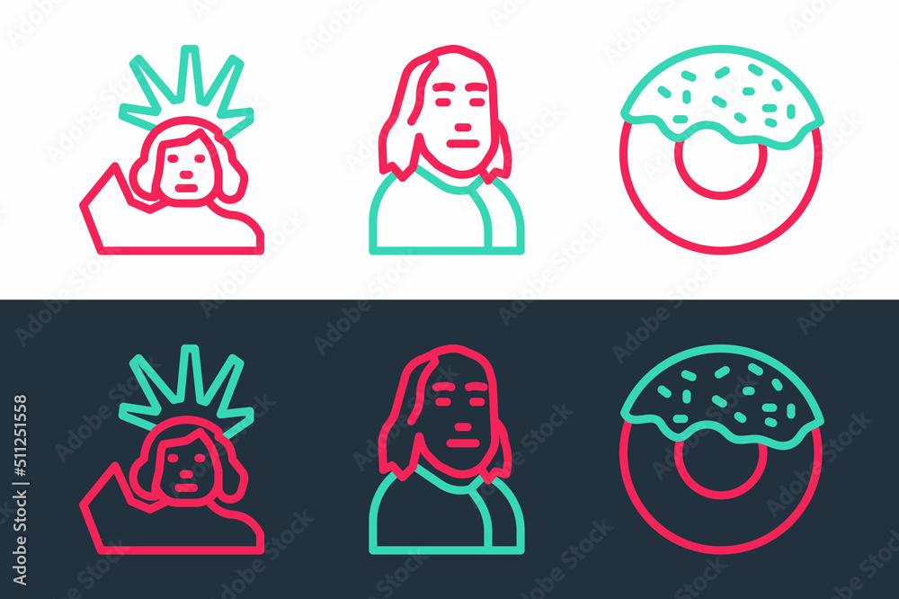 Set line Donut, Statue of Liberty and Benjamin Franklin icon. Vector