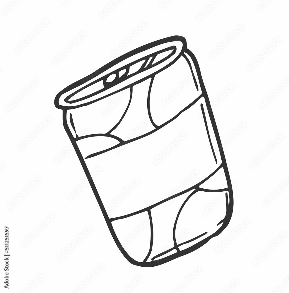Vecteur Stock Soda pop can hand drawn outline doodle icon. Metal can of
