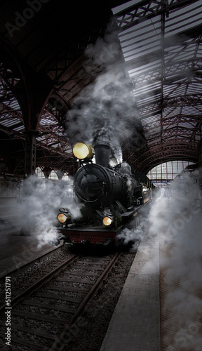 Fotografie, Obraz Front view of an steam locomotive, veteran train with lot of stram arrive in an old timbered railway station