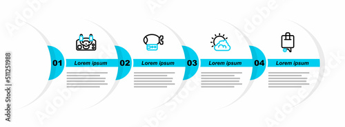 Set line Suitcase, Sun and cloud weather, Airship and Aircraft steering helm icon. Vector
