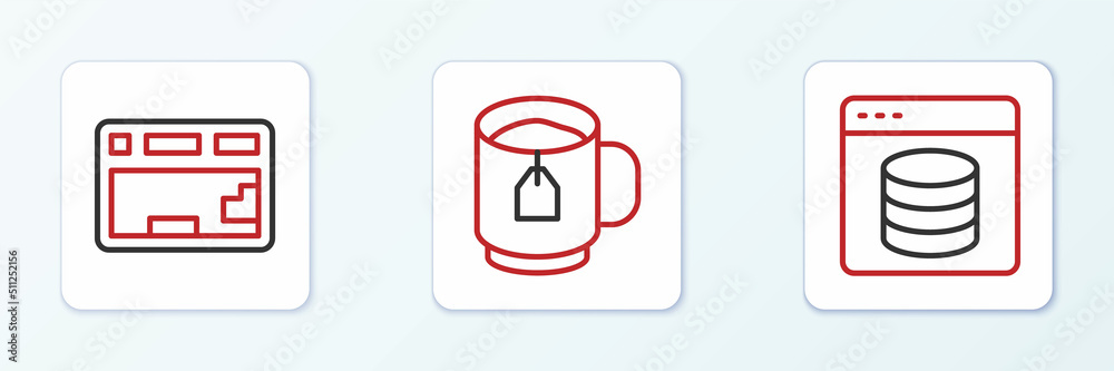 Set line Server, Data, Web Hosting, Keyboard and Cup of tea with tea bag icon. Vector