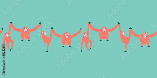 Orangutan border repeat. Cute monkey vector illustrations in turquoise background. Tropical background fabric print. Great for kids and fun home decor. Surface pattern design.