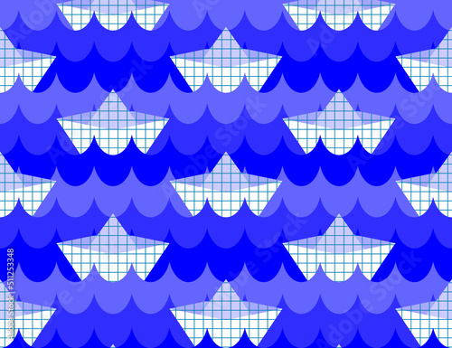 Raster graphics - monochrome seamless pattern - white paper boats sailing on blue waves. Concept cruise and summer vacation