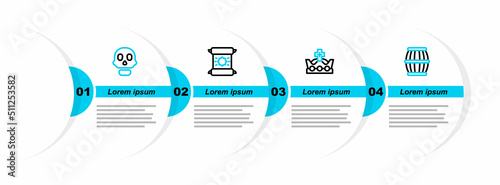 Set line Gun powder barrel, King crown, Decree, parchment, scroll and Skull icon. Vector