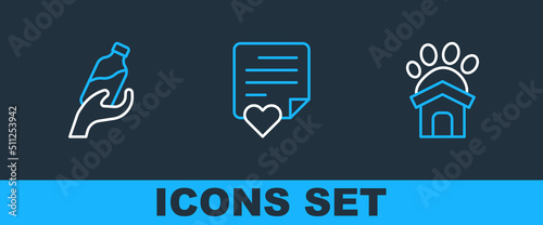 Set line Animal shelter house, Donation water and Envelope with heart icon. Vector