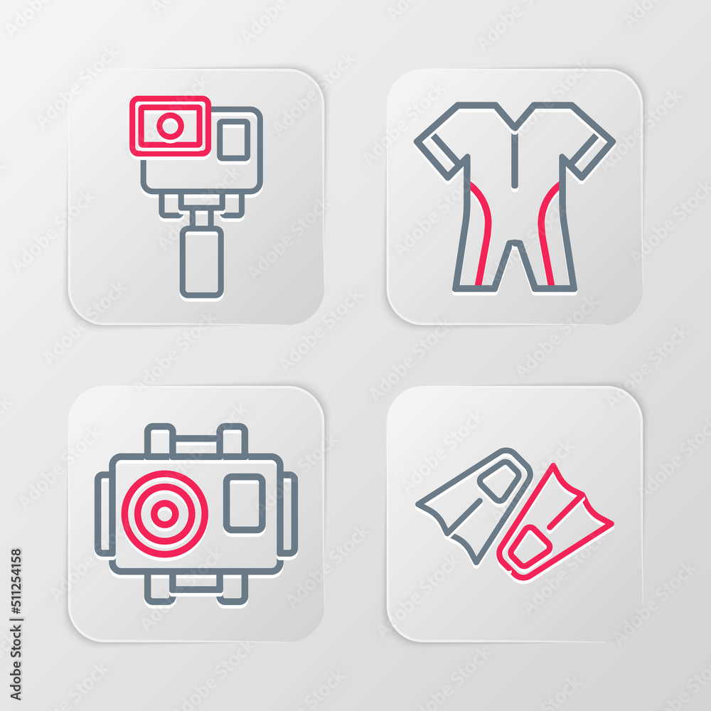Fototapeta premium Set line Flippers for swimming, Photo camera diver, Wetsuit scuba diving and Action extreme icon. Vector