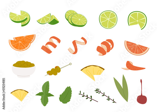 Various alcohol cocktail garnishes. Lime slices, orange wedge and twist, olives skewer, cutted pineapple, mint twig, herb leaf, maschietto cherry and rosemary. Vector illustration isolated on white.