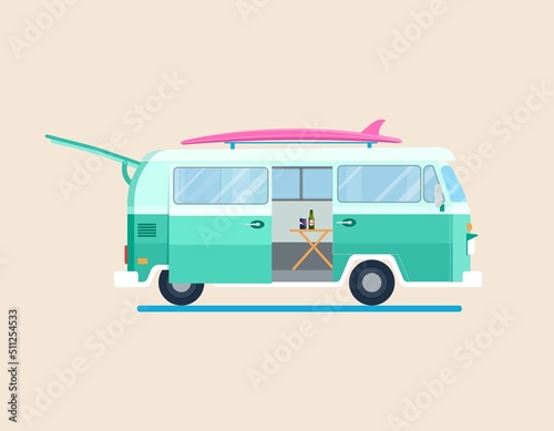 Retro vintage travelling van with open doors and surfboard on the roof. Camping, road trip, summer concept. Flat vector illustration