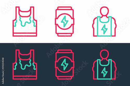Set line Bodybuilder, Sweaty sleeveless t-shirt and Energy drink icon. Vector