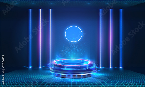 A dark room with a purple and blue neon podium. Futuristic sci-fi podium, projection hologram of your product. Rendering product display presentation. Futuristic minimal scene in blue modern color.