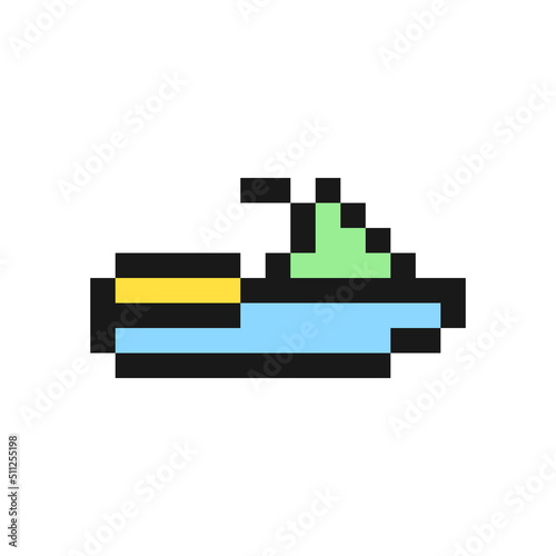 Jet ski icon in pixel art design isolated on white background, water sea scooter vector sign symbol