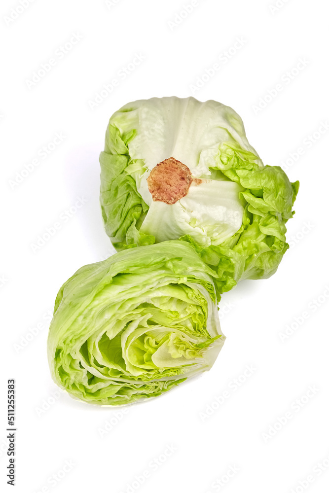 Fototapeta premium Iceberg lettuce head and half, fresh leafy green vegetable isolated on white