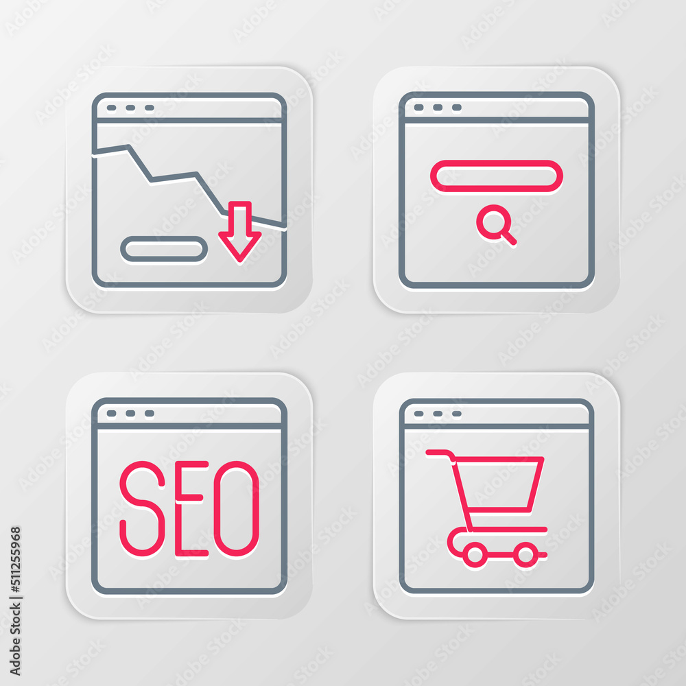 Set line Online shopping on screen, SEO optimization, Search engine and Financial growth decrease icon. Vector Set line Online shopping on screen, SEO optimization, Search engine and Financial growth decrease icon. Vector