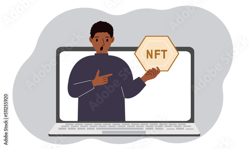 NFT concept. A laptop in which a man with the image of NFT in the palm of his hand. Auction of non-fungible tokens, markets, online education.