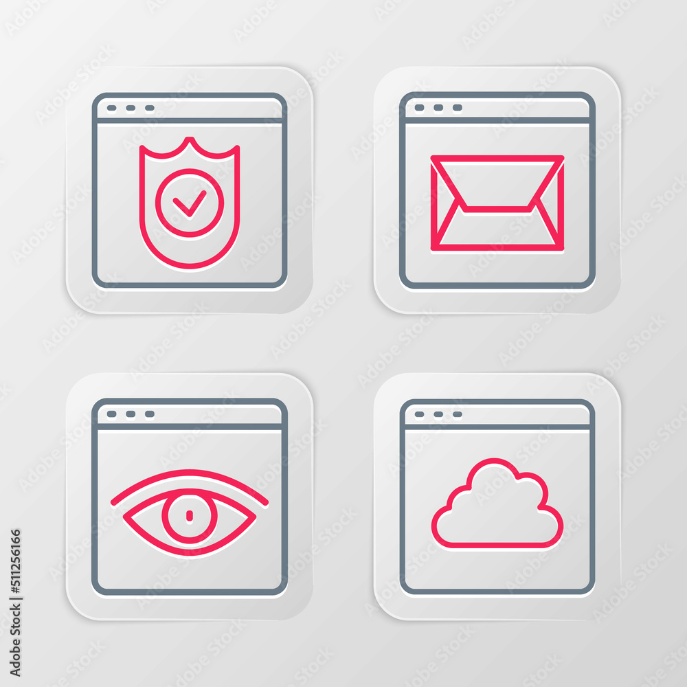 Set line Cloud technology data transfer, Browser incognito window, Website and mail and with shield icon. Vector