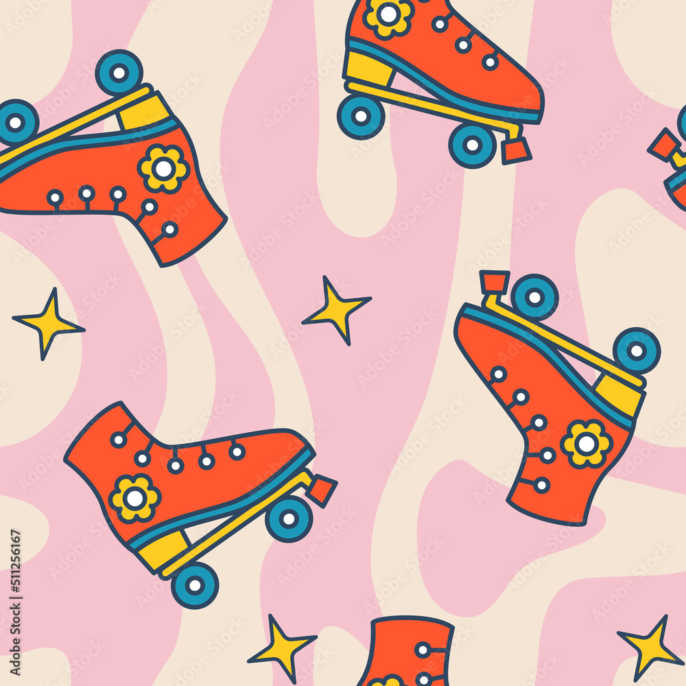 Vector seamless pattern with roller skates and stars. Groovy pattern with retro roller skates. Psychedelic pattern. Background for wrapping and clothing. Vector seamless pattern with roller skates and stars. Groovy pattern with retro roller skates. Psychedelic pattern. Background for wrapping and clothing.