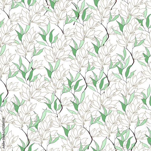 Floral light spring seamless pattern, white flowers with green leaves for fabric and paper