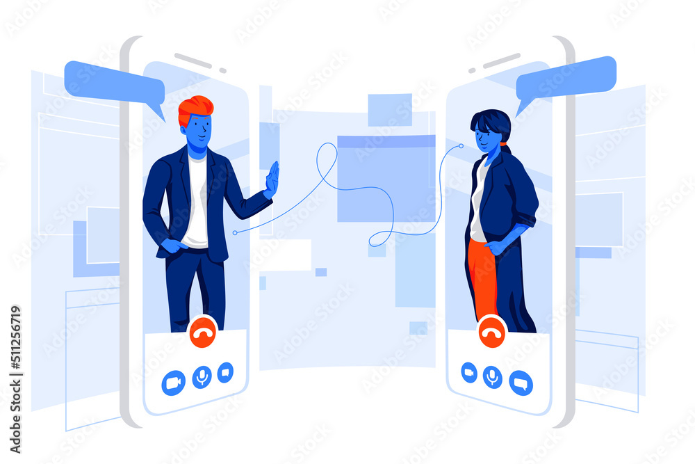Man and woman having a discussion with video call. Online meeting and work from home concept illustration Man and woman having a discussion with video call. Online meeting and work from home concept illustration