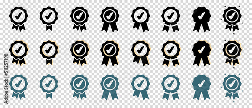 Approval Check Icon, Quality Sign, Certified Medal Symbol Set - Different Vector Illustrations Isolated On Transparent Background