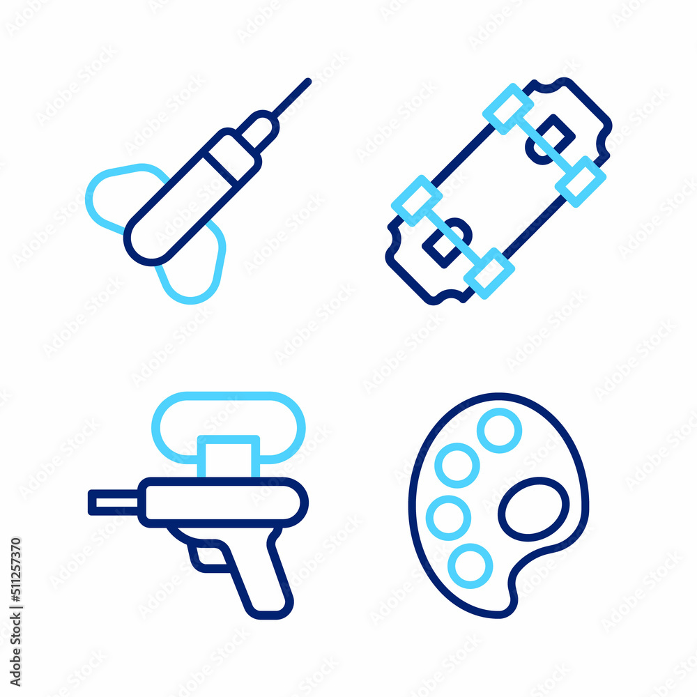 Set line Palette, Water gun, Skateboard and Dart arrow icon. Vector Set line Palette, Water gun, Skateboard and Dart arrow icon. Vector