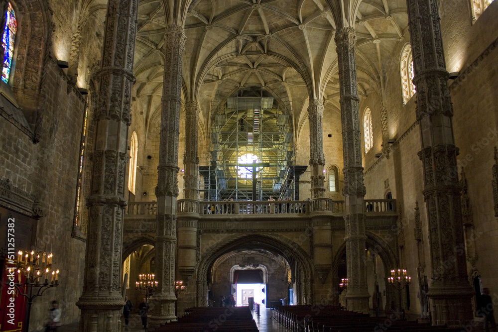 Interior of Jeronimos Monastery or Hieronymites Monastery (former monastery of the Order of Saint Jerome) in Lisbon, Portugal	
