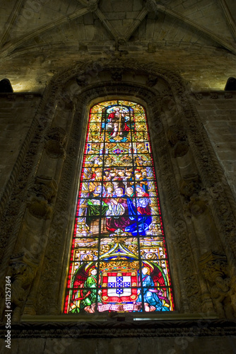 Stained glass windows of Jeronimos Monastery or Hieronymites Monastery (former monastery of the Order of Saint Jerome) in Lisbon, Portugal