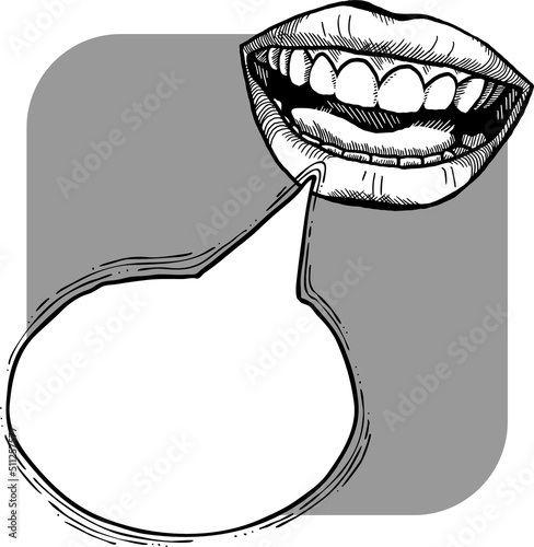 Talking open mouth with bubble cloud. Sexy woman lips telling secret or shouting loud. Speech, storytelling, news for all ears. Hand drawn retro vintage vector illustration. Old style drawing.