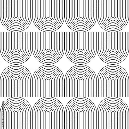 Modern vector abstract seamless geometric pattern with semicircles and circles in retro style. Black u shapes on white background. Minimalistillustration in Bauhaus style with simple shapes.