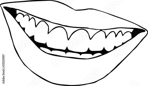 Perfect smile with shiny white teeth. Mouth hygiene and dentist medical care illustration. Woman lips with beautiful and happy smiling open mouth. Hand drawn vintage vector. Old style drawing.