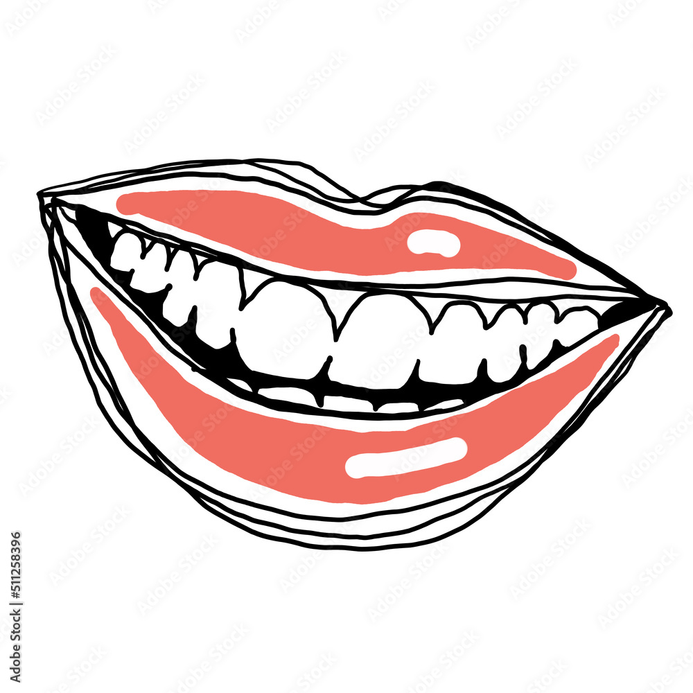 Perfect smile with shiny white teeth. Mouth hygiene and dentist medical care illustration. Woman lips with beautiful and happy smiling open mouth. Hand drawn vintage illustration. Old style drawing. Perfect smile with shiny white teeth. Mouth hygiene and dentist medical care illustration. Woman lips with beautiful and happy smiling open mouth. Hand drawn vintage illustration. Old style drawing.