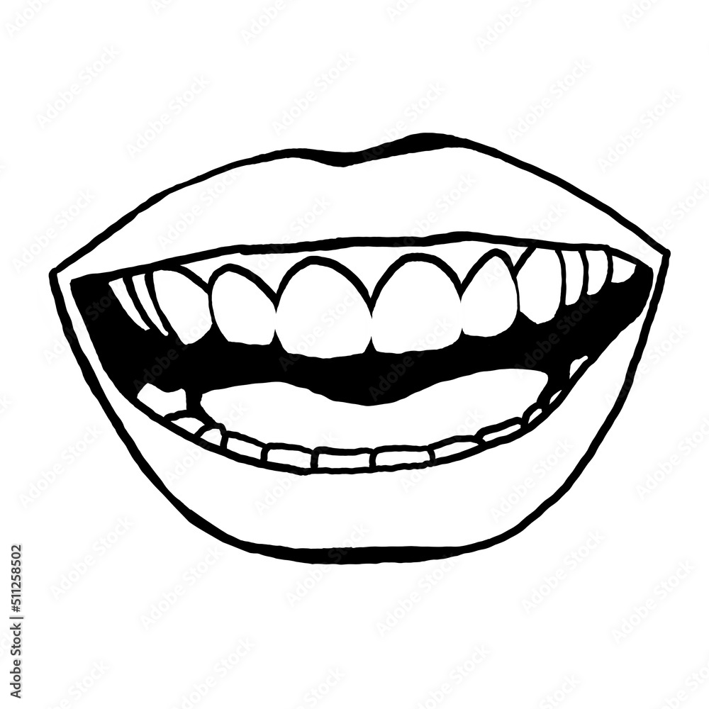 Perfect smile with shiny white teeth. Mouth hygiene and dentist medical care illustration. Woman lips with beautiful and happy smiling open mouth. Hand drawn vintage illustration. Old style drawing. Perfect smile with shiny white teeth. Mouth hygiene and dentist medical care illustration. Woman lips with beautiful and happy smiling open mouth. Hand drawn vintage illustration. Old style drawing.