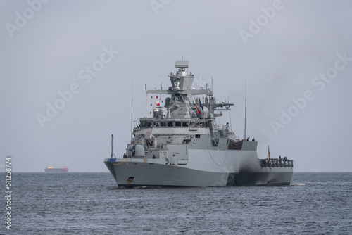 Photo BALTIC SEA - POLAND - GERMANY - 2022:  A warship of the German Navy is sailing o