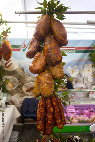  Tasty sausage on a market counter at a city fairy in Lisbon, Portugal