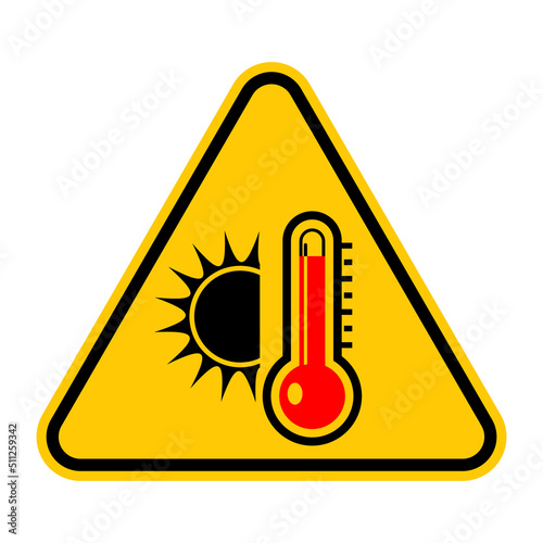 High temperature warning sign. Vector illustration of yellow triangle sign with sun and red thermometer icon inside. Very hot and scorching. Summer concept. Caution symbol isolated on background.