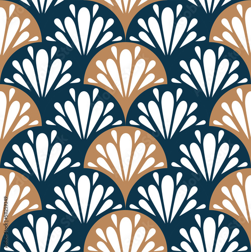 Art Deco fan pattern in blue and brown color. Ornamental geometric decor. Interior design wallpaper. 
