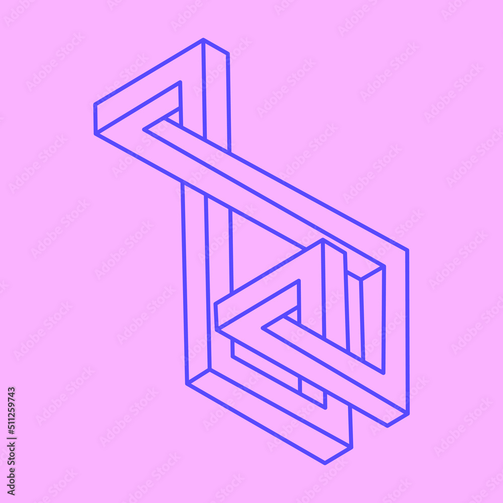 Impossible shapes. Logo. Sacred geometry figures. Optical illusion. Abstract eternal geometric object. Line art. Optical art. Impossible geometry shape on a pink background. Paradox.