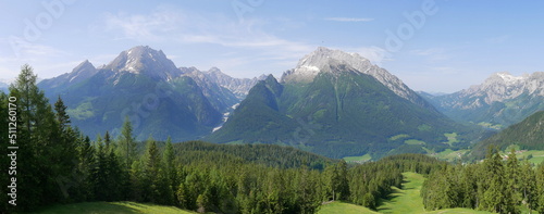 Panoramablick vom Hirscheck Kaser auf Watzmann, Hochkalter, Reiteralpe und Hintersee