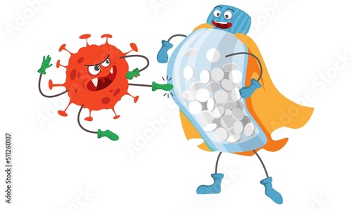 Strong pills bottle superhero against angry virus