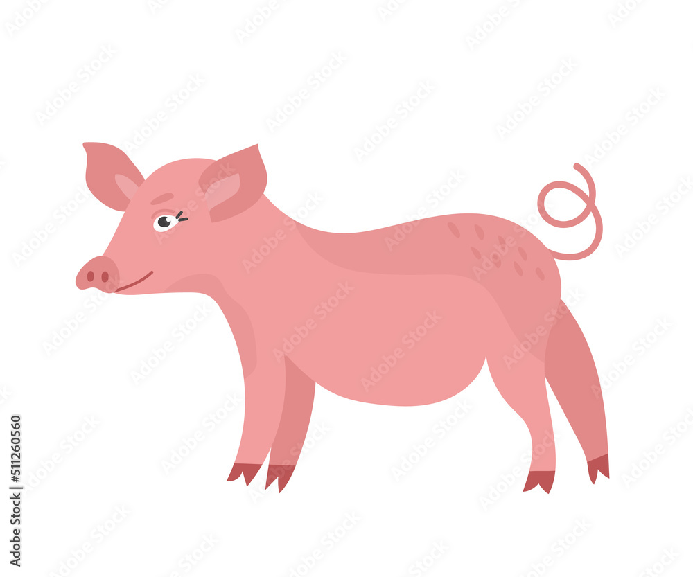 Cute pink piggy in cartoon style. Vector animal character from a farm isolated on a white background.