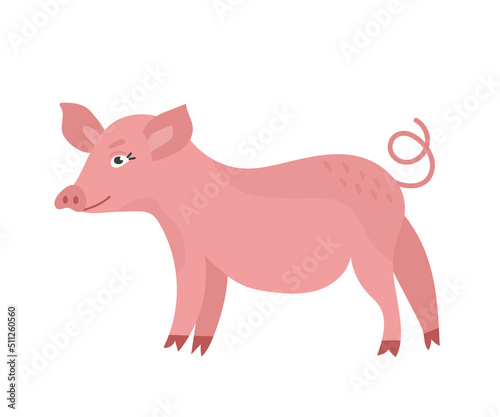 Cute pink piggy in cartoon style. Vector animal character from a farm isolated on a white background.