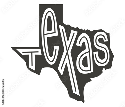 Texas. Silhouette state. Texas map with text script. Vector outline Isolated illustratuon on a white background. Texas state map for poster, banner, t-shirt, tee.