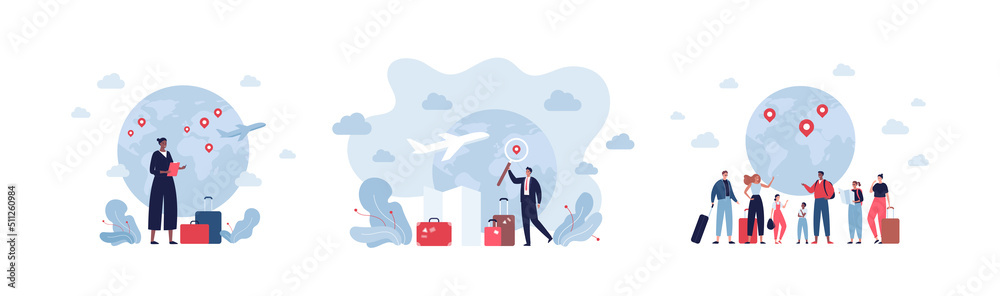 Global travel, business and education concept. Vector flat character illustration. Multiethnic group of people on planet earth map with pinpoint. Businessman and businesswoman with baggage. - obrazy, fototapety, plakaty 