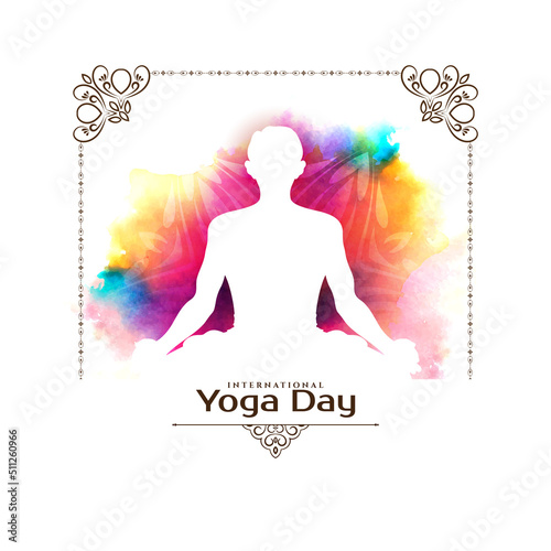 Colorful watercolor International Yoga day greeting background design