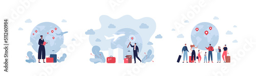 Global travel, business and education concept. Vector flat character illustration. Multiethnic group of people on planet earth map with pinpoint. Businessman and businesswoman with baggage. photo