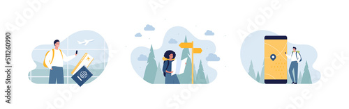 Travel and nature tourism concept collection. Vector flat character illustration set. Male and female tourist with backpack. Airport departure zone. Crossroad sign in forest. Smartphone with map.