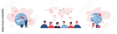 Global travel, business and news concept. Vector flat character illustration. Multiethnic group of people on world map with red pinpoint symbol. Businessman with flag. Woman on ladder.