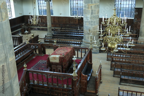 Canvas Print Amsterdam Portuguese Synagogue Interior View with Bima, Benches and Chandeliers,