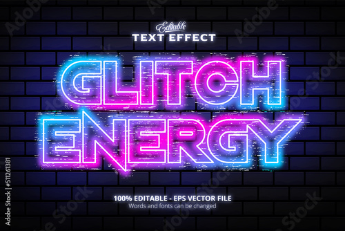 Editable text effect, wall texture and colorful background, Glitch Energy text, neon style